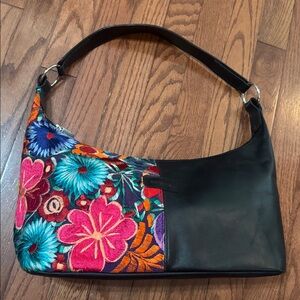 Guatemala Embroidered Floral and Black Shoulder Bag